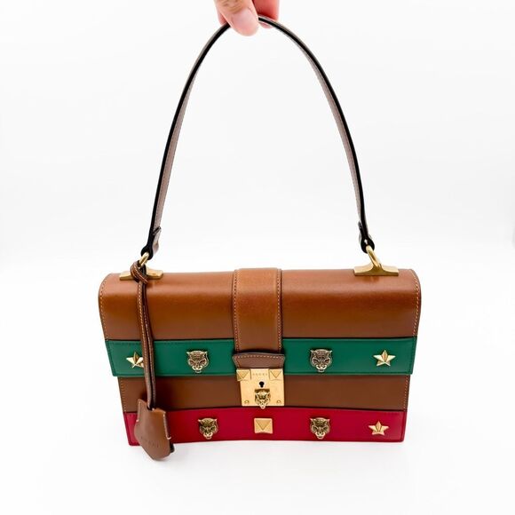 Gucci Leather Cat Lock Top Handle Bag Brown Purse Shoulder Bag - Picture 2 of 15